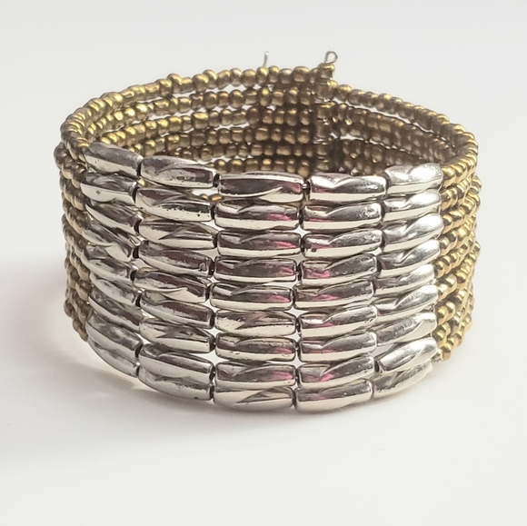 Elegant Layered Silver and Gold Seed Bead Cuff Bracelet - Picture 6 of 7